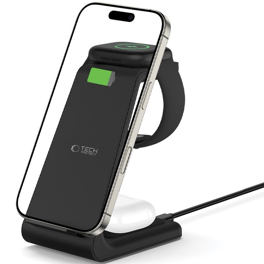 Univerzális vezeték nélküli töltő állomás 3in1, Qi Wireless, 10W, asztali tartó, Apple eszközökhöz, Tech-Protect QI15W-A36, fekete (5906302372140)