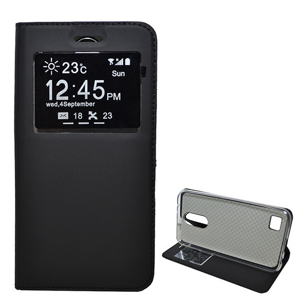 Tok álló, bőr hatású (FLIP, oldalra nyíló, asztali tartó funkció, hívószámkijelzés, Window) FEKETE [LG K10 (2017) M250n] (5996457699803)