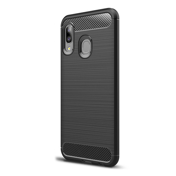 Szilikon telefonvédő (közepesen ütésálló, légpárnás sarok, szálcsiszolt, karbon minta) FEKETE [Samsung Galaxy A20e (SM-A202F)] (5996457876495)