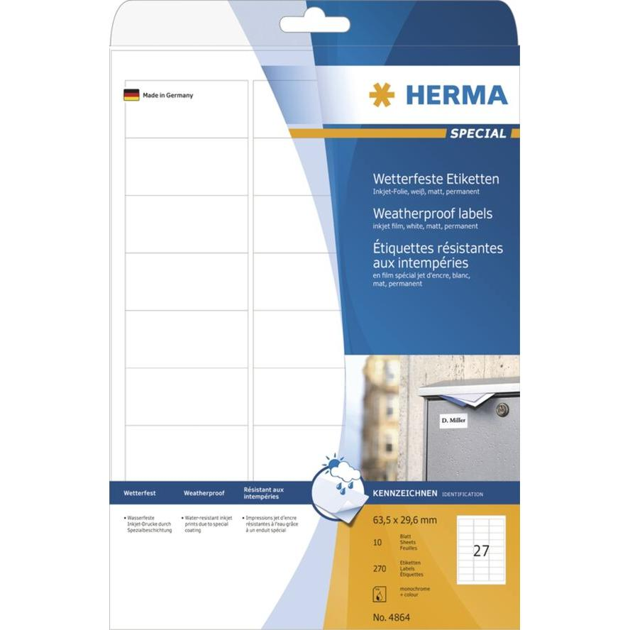 HERMA Inkjet-Etik. A4 weiß 63,5x29,6 mm wetterfest 270 St. (4864) (4864)