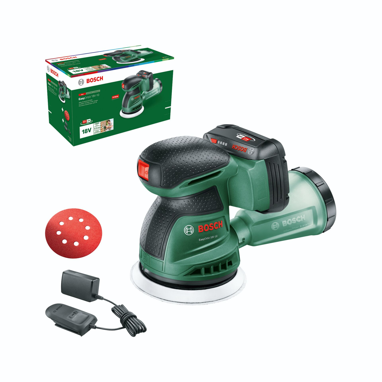 Bosch EasyOrbit 18V-10 Akkumulátoros Excentercsiszoló + 2Ah Akku + Töltő (06033E4002)