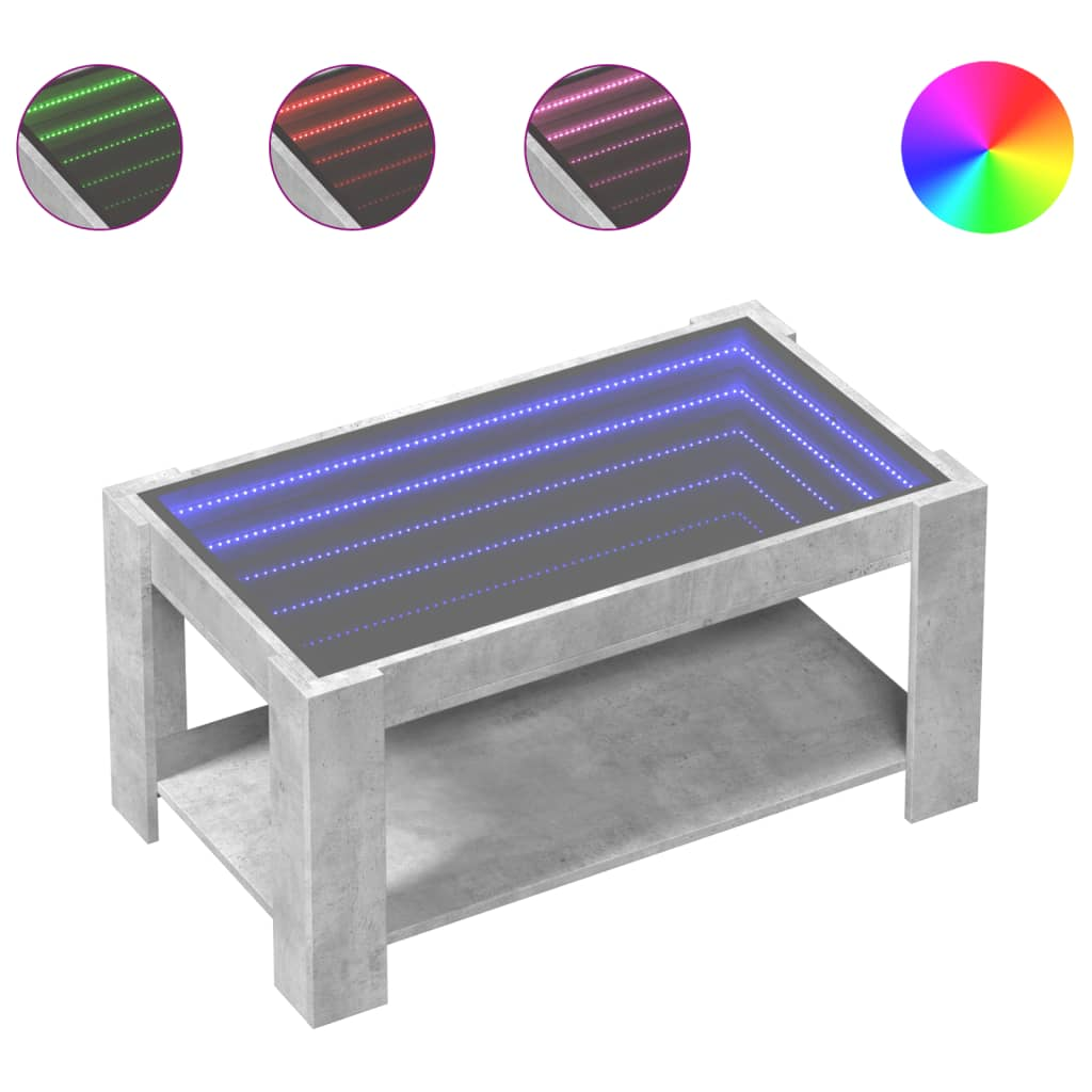 betonszürke szerelt fa dohányzóasztal LED-del 93 x 53 x 45 cm (847556)