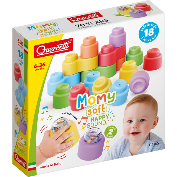 Quercetti: Momy Soft 18 db-os puha csörgős építőkocka szett
