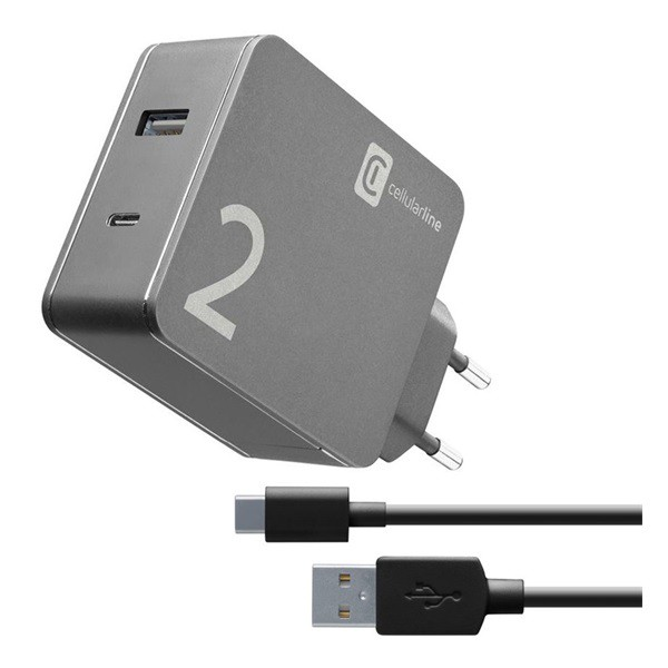 CELLULARLINE hálózati töltő USB / Type-C aljzat (5V / 2000 mAh, 48W, QC gyorstöltés támogatás + Type-C kábel) FEKETE (ACHUSB2KITHOME48WK) (ACHUSB2KITHOME48WK)