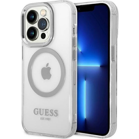 Guess Metal Outline Magsafe Apple iPhone 14 Pro Max hátlap tok, ezüst (GUHMP14XHTRMS)