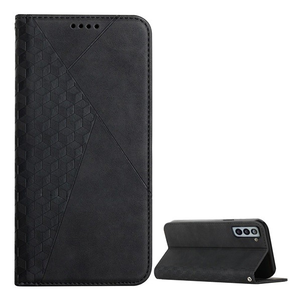 Tok álló, bőr hatású (FLIP, oldalra nyíló, asztali tartó funkció, 3D rombusz minta, prémium) FEKETE [Samsung Galaxy S21 FE (SM-G990)] (5996591103181)