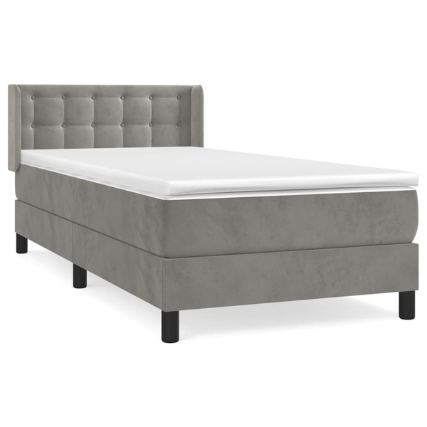 Pat box spring cu saltea, gri deschis, 90x200 cm, catifea