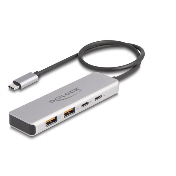Delock USB 10 Gbps USB Type-C  hub 2 x A-típusú USB csatlakozóval és 2 x USB Type-C  csatlakozóval, valamint egy 35 cm hosszú csatlakozó kábellel