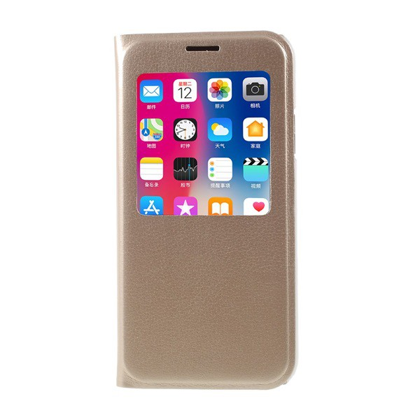 Tok álló, bőr hatású (FLIP, oldalra nyíló, hívókijelzés, logo kivágás, View Window) ARANY [Apple iPhone XS 5.8] (5996457724895)