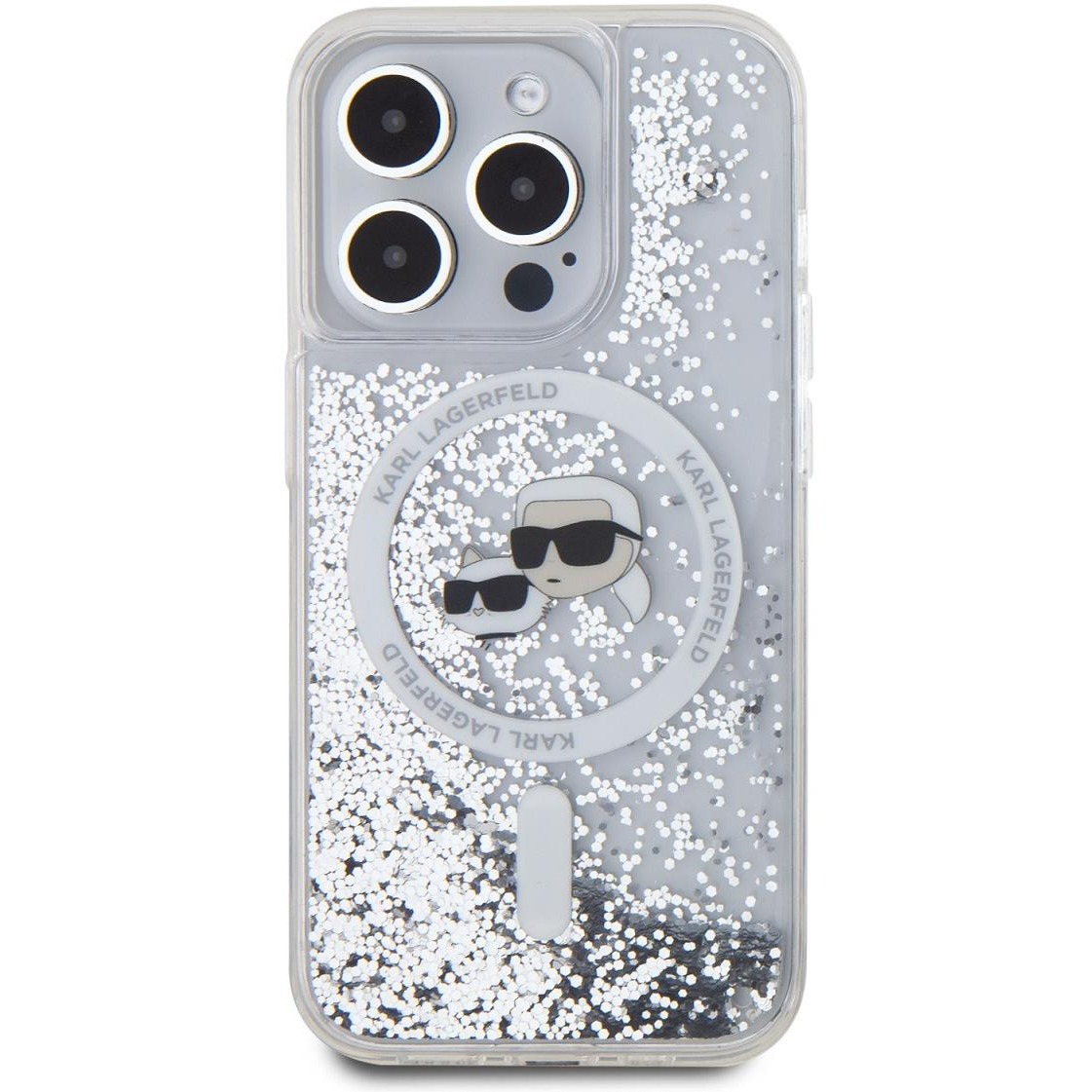 Karl Lagerfeld Liquid Glitter Karl and Choupette Heads iPhone 15 Pro Max MagSafe átlátszó tok (KLHMP15XLGKCSGH)
