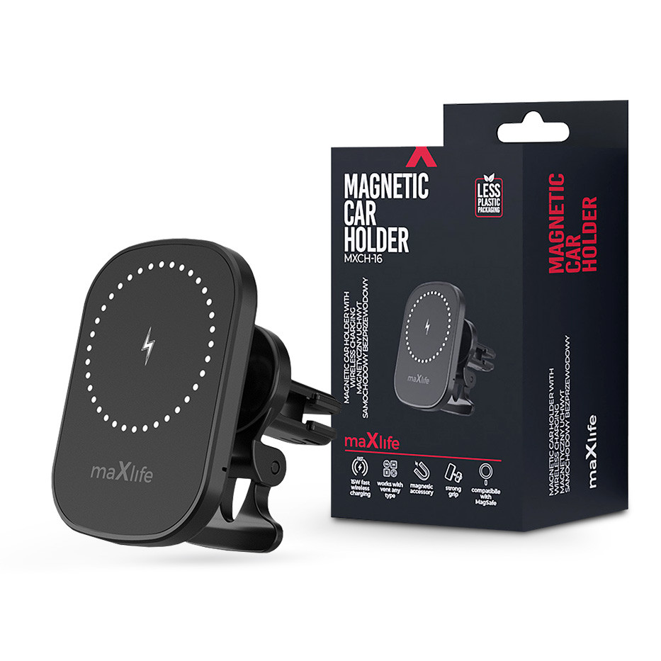 Maxlife szellőzőrácsba illeszthető vezeték nélküli autós tartó/gyorstöltő MagSafe funkcióval - 15W - Maxlife MXCH-16 Magnetic Car Holder - fekete (ML744059)