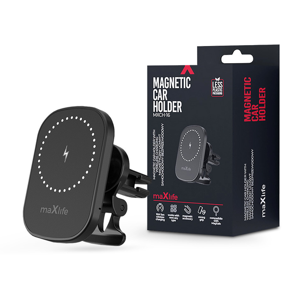 Maxlife szellőzőrácsba illeszthető vezeték nélküli autós tartó/gyorstöltő       MagSafe funkcióval - 15W - Maxlife MXCH-16 Magnetic Car Holder - fekete