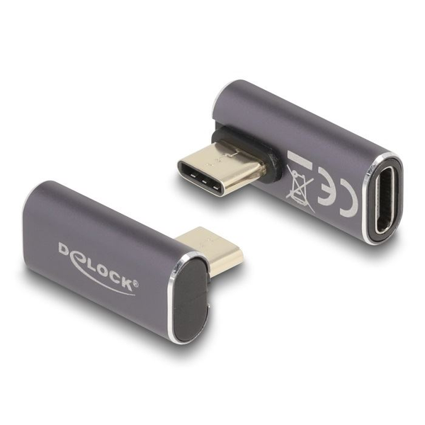 Delock USB Adapter 40 Gbps USB Type-C  PD 3.0 100 W csatlakozódugóval - csatlakozóhüvellyel, elforgatott ívelt bal / jobb 8K 60 Hz fém (60048)