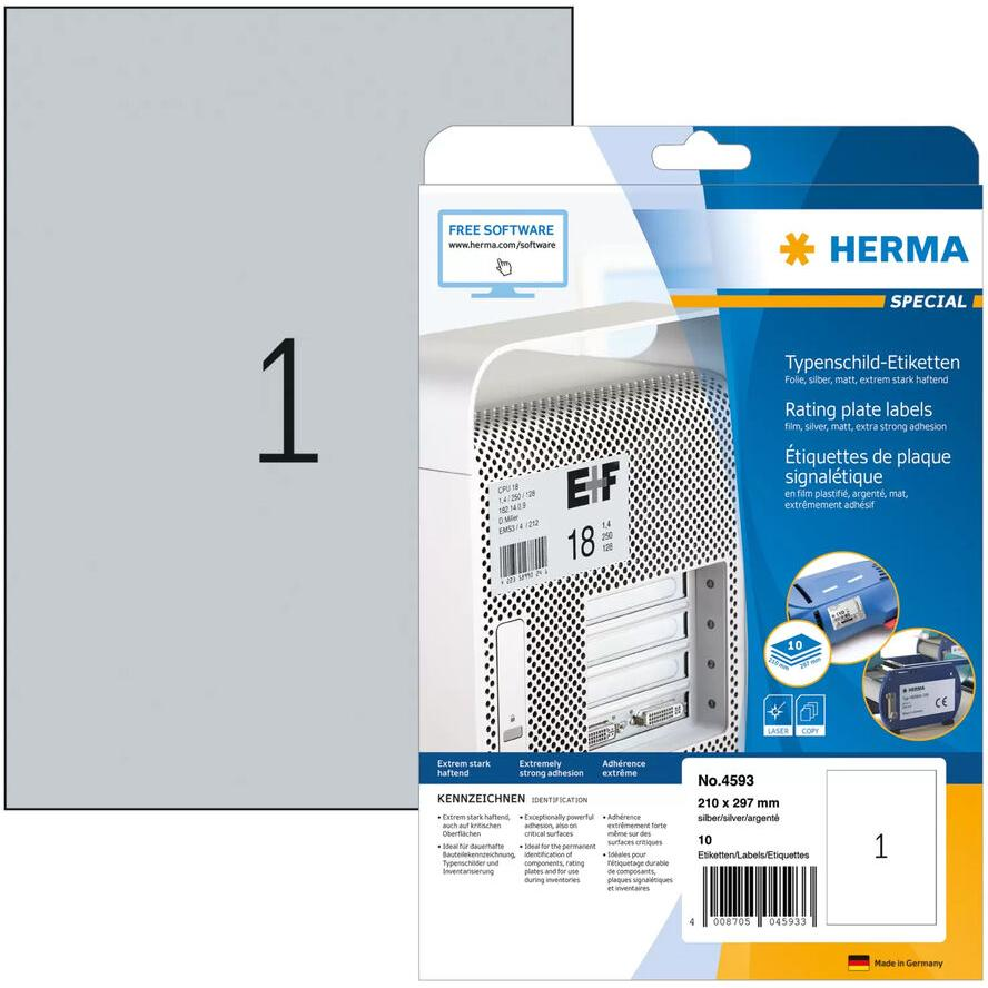 HERMA Typenschildetiketten A4 silb. 210x297 mm Folie 10 St. (4593) (4593)