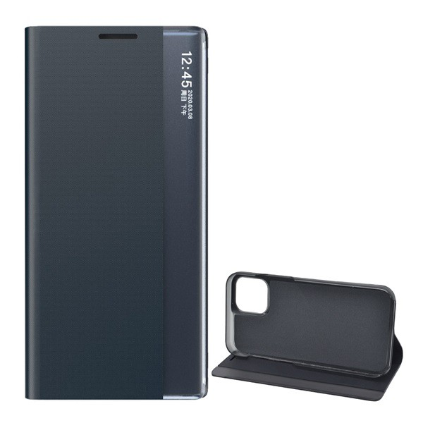 Tok álló, textil hatású (aktív FLIP, oldalra nyíló, asztali tartó funkció, Smart View Cover) SÖTÉTKÉK [Apple iPhone 12 Pro] (5996591021300)