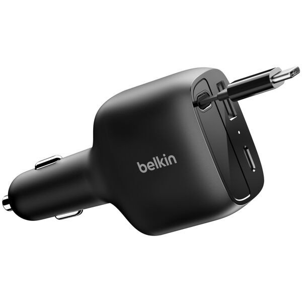 BELKIN Autós töltő 1xUSB-A 1xUSB-C + visszahúzható USB-C kábel 75W fekete