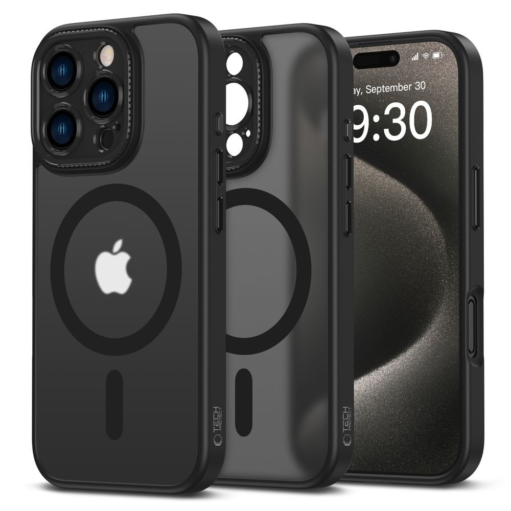 Apple iPhone 16 Pro Max, Műanyag hátlap védőtok + szilikon keret, Magsafe töltővel kompatibilis, kameravédő kerettel, Magcam Magsafe, áttetsző/fekete (5906302311699)