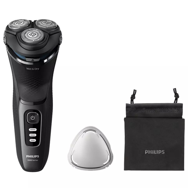 Самобръсначка Philips Shaver Series 3000 S3244/12, Мокро и сухо бръснене, Без кабел, 5D въртящи се и гъвкави глави, Самонаточващи се ножчета, 60 минути, Антикорозионна система за бръснене, Защитен капак, Черен