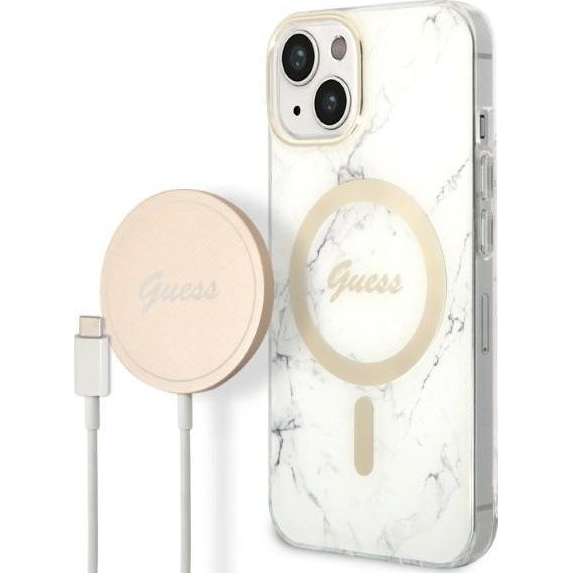 Guess Marble MagSafe Apple iPhone 14 hátlap tok fehér + MagSafe töltő (GUE002572)