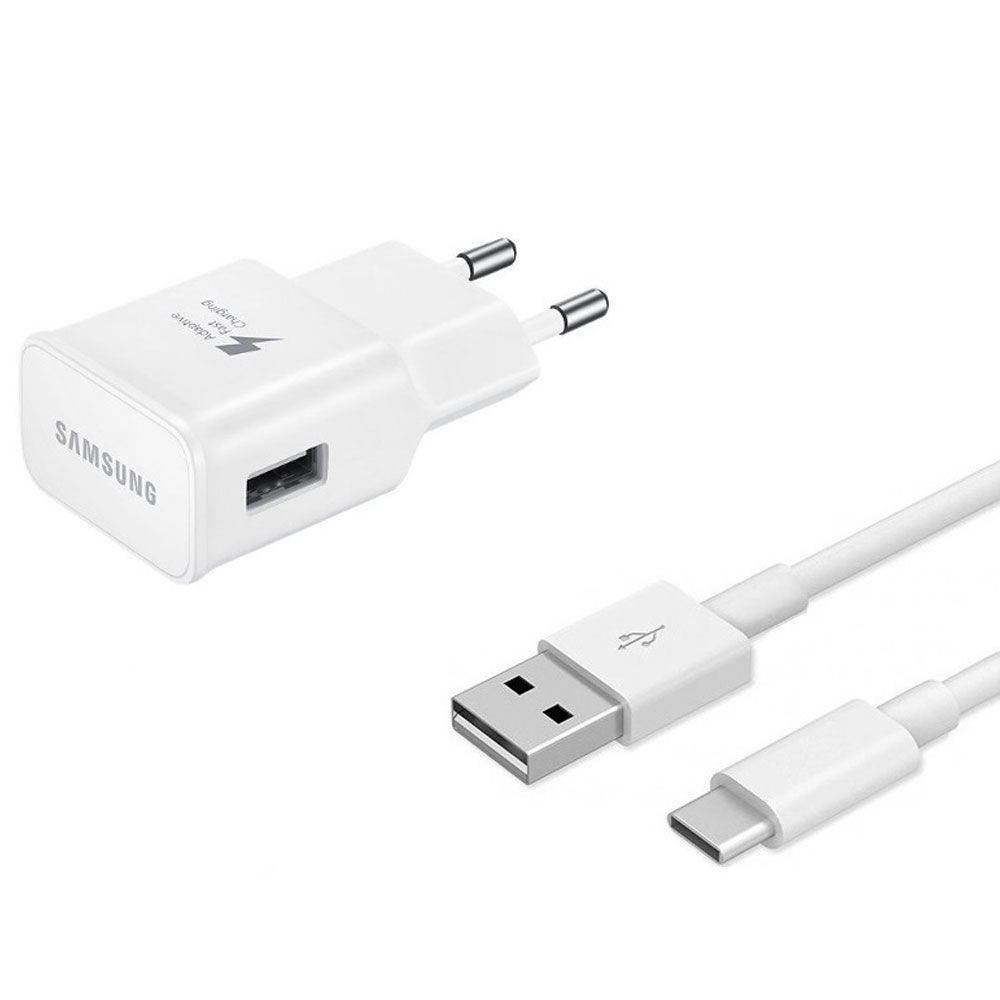 Hálózati töltő adapter, 5V / 1550 mAh, USB aljzat, USB Type-C kábellel, gyorstöltés, Samsung, gyári, fehér (RS82034)