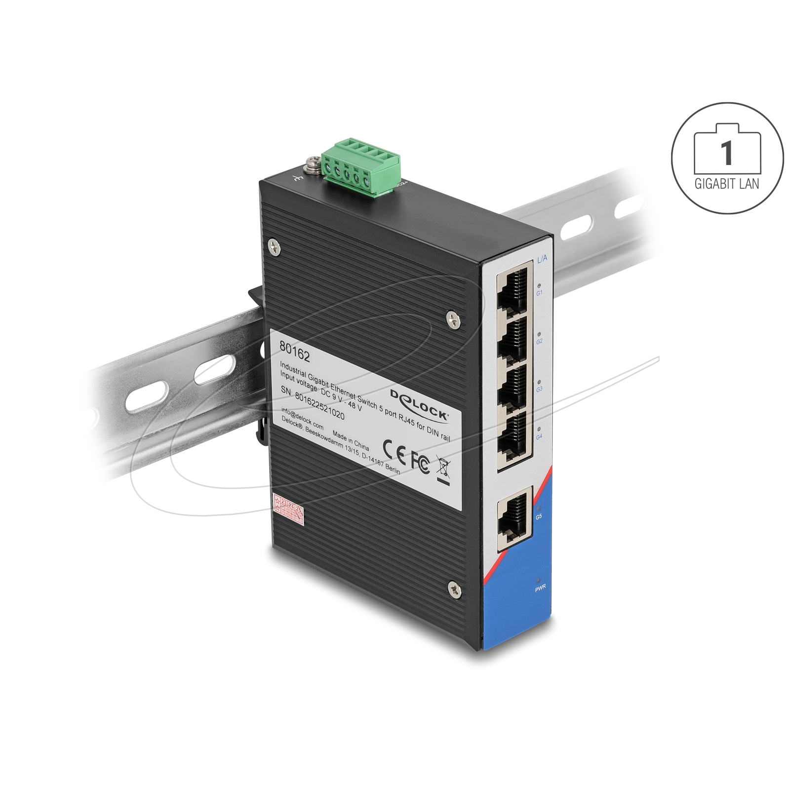 Delock Ipari Gigabit Ethernet Elosztó 5 port RJ45 DIN sínhez (80162)