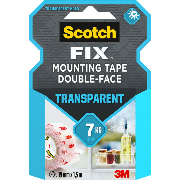 3M™ Scotch® oboustranná montážní páska do interiéru, transparentní, 19 mm × 1,5 m