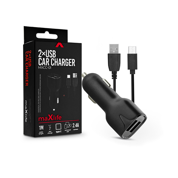 Maxlife 2xUSB szivargyújtó töltő adapter 1 m-es Type-C vezetékkel - Maxlife     MXCC-01 Type-C 2xUSB Car Fast Charger - 5V/2,4A - fekete