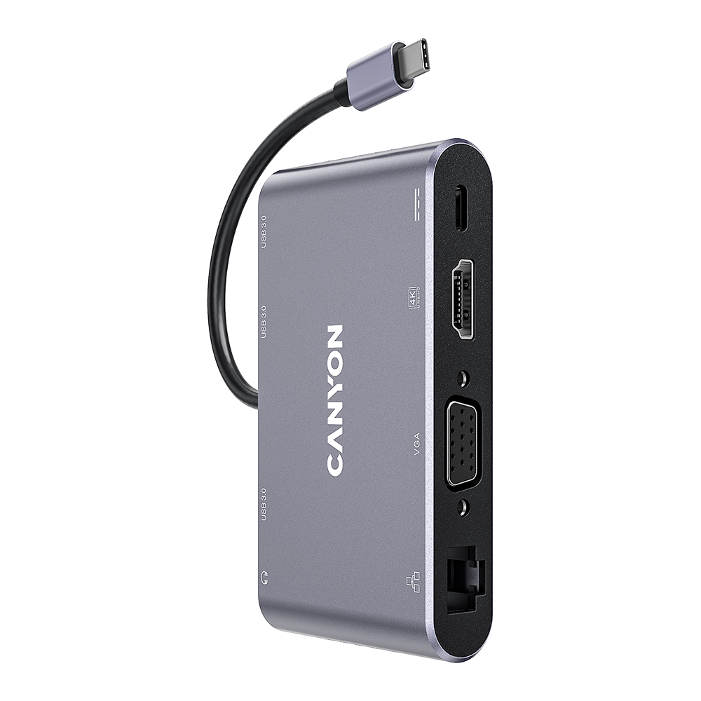 CANYON HUB 8-in-1, USB-C, 3xUSB3.0, 1xUSB-C, HDMI, VGA, Ethernet, Audio, szürke (CNS-TDS14)