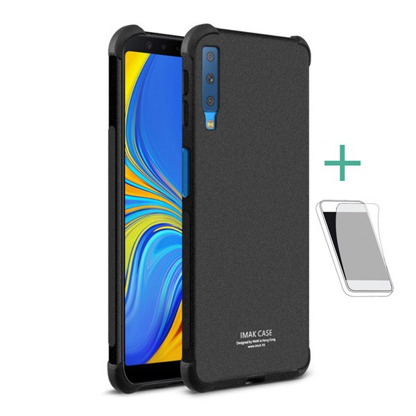 IMAK szilikon telefonvédő (közepesen ütésálló, légpárnás sarok, matt + képernyővédő fólia) FEKETE [Samsung Galaxy A7 (2018) SM-A750F] (5996457823215)