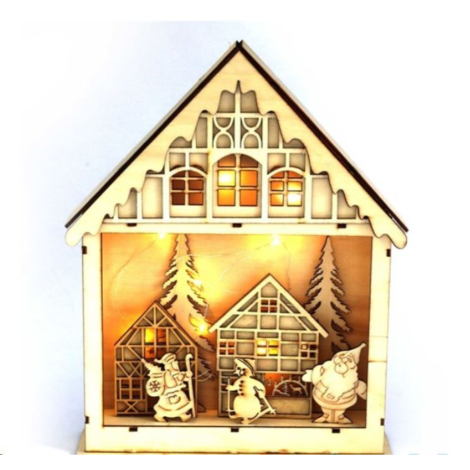 IRIS Karácsonyi ház alakú 23,5x29cm/meleg fehér LED-es fa fénydekoráció (308-03) (308-03)