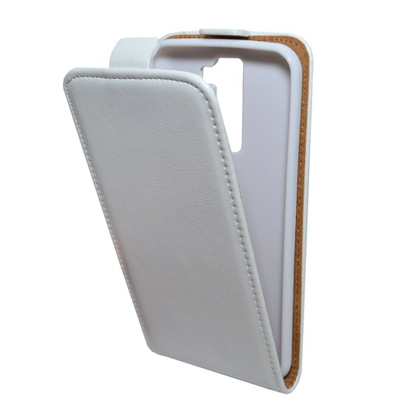 Tok álló, bőr hatású (FLIP, lefelé nyíló, szilikon tartó) FEHÉR [LG K8 (K350n)] (5996457636990)