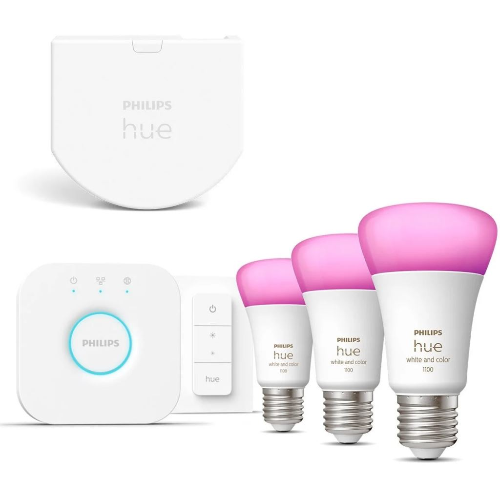 Philips Hue White and Color Ambiance LED fényforrás E27 9W 3db/cs + Hub + kapcsoló + kapcsolómodul (PHL23028set) (PHL23028set)