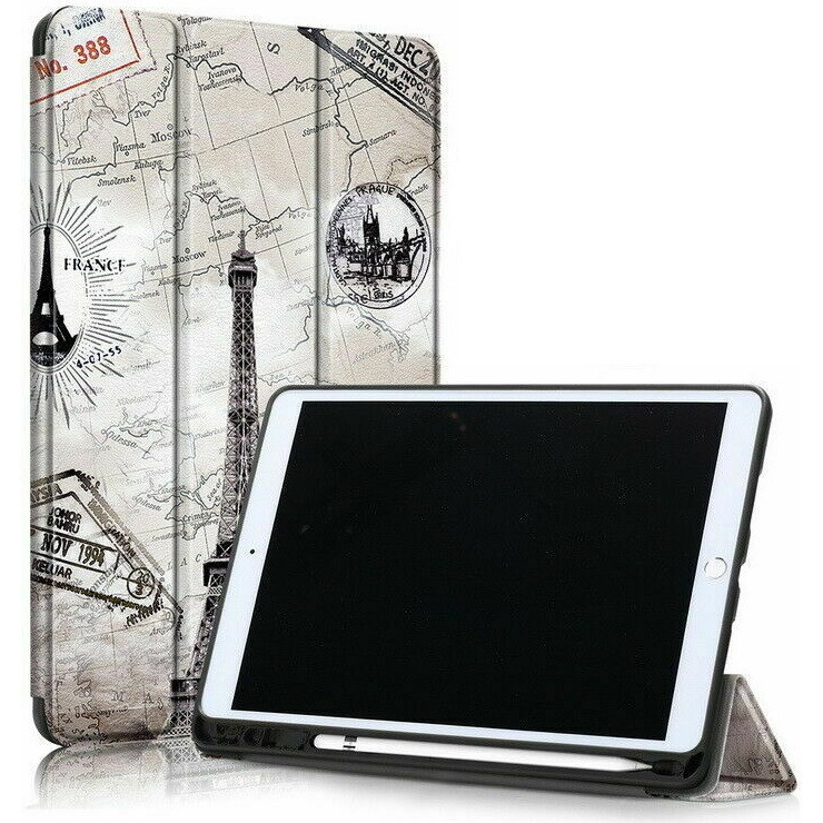 Apple iPad Pro 11 (2020 / 2021 / 2022), mappa tok, Apple Pencil tartóval, Eiffel torony, térkép minta, Smart Case, Wooze New Style Trifold Case, szürke (110868)