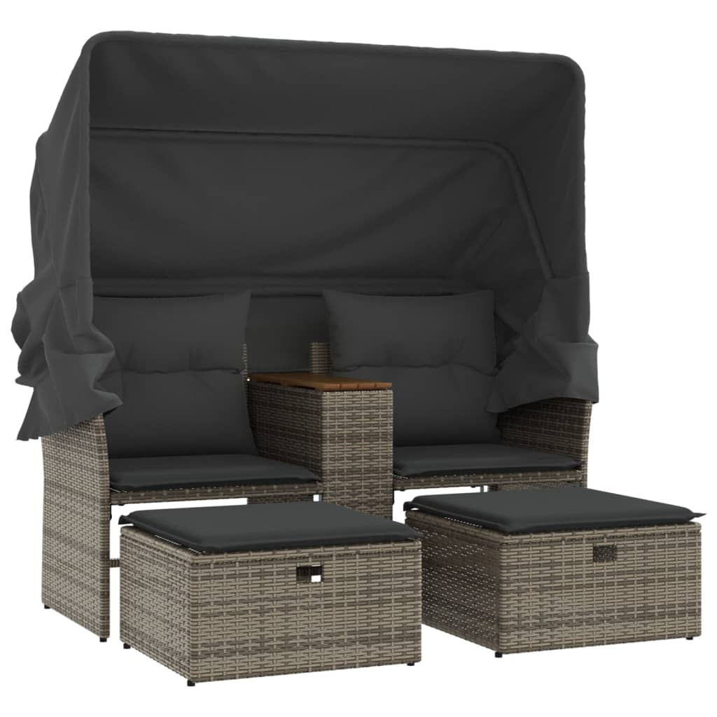 2 személyes szürke polyrattan kerti kanapé baldachinnal/székkel (365801)