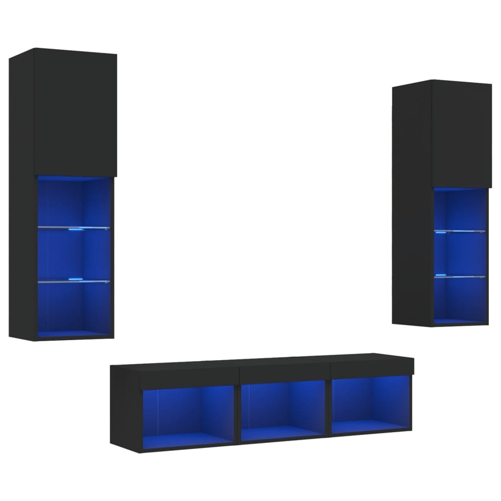 5 darab fekete szerelt fa fali TV-bútor LED-del (3216605)