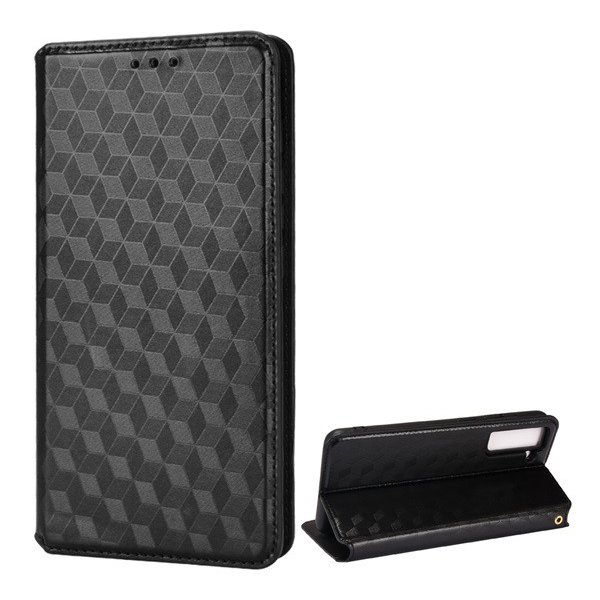 Tok álló, bőr hatású (FLIP, oldalra nyíló, asztali tartó funkció, teljes 3D rombusz minta, prémium) FEKETE [Samsung Galaxy S22 Plus 5G (SM-S906)] (5996591130163)