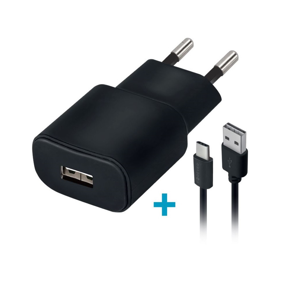 Hálózati töltő adapter, 5V / 2000 mAh, USB aljzat, USB Type-C kábellel, Forever, fekete, TC-01 (72037)