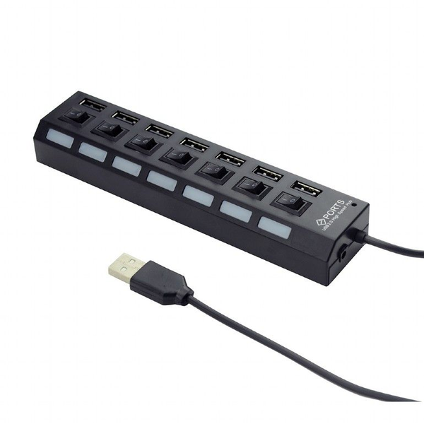 Aktívny napájaný rozbočovač USB HUB 2.0 7 portov, vypínače + napájací zdroj