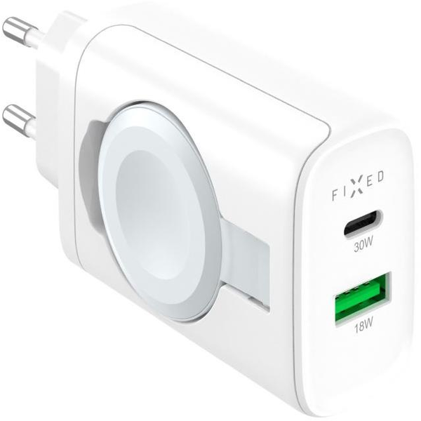 FIXED Power Socket USB-A és USB-C + kihajtható Apple Watch töltő, 33 W, fehér