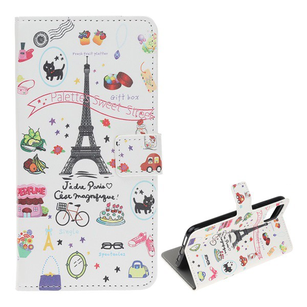 Tok álló, bőr hatású (FLIP, oldalra nyíló, asztali tartó funkció, Eiffel torony minta) FEHÉR [Apple iPhone 12 mini] (5996591000107)