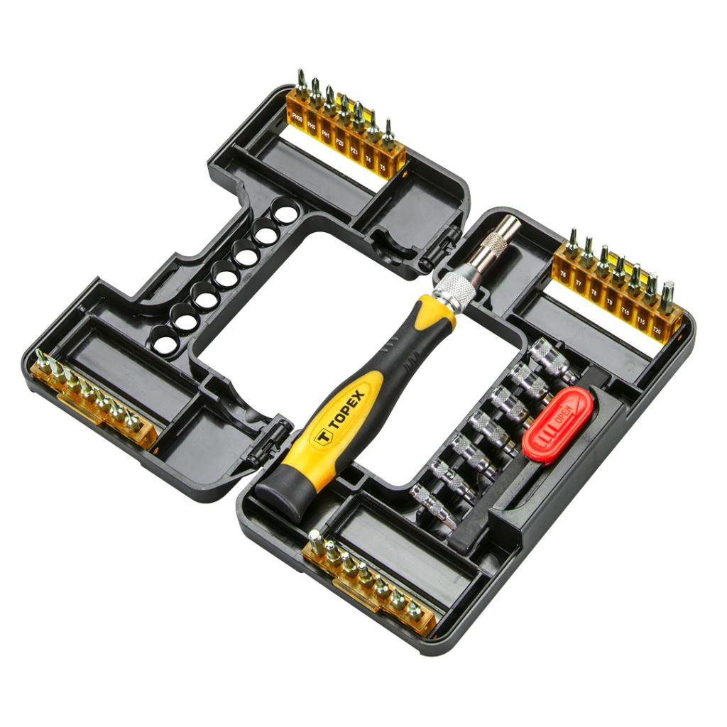 Topex bitkészlet racsnis hajtószárral 37db (39D343) (39D343)