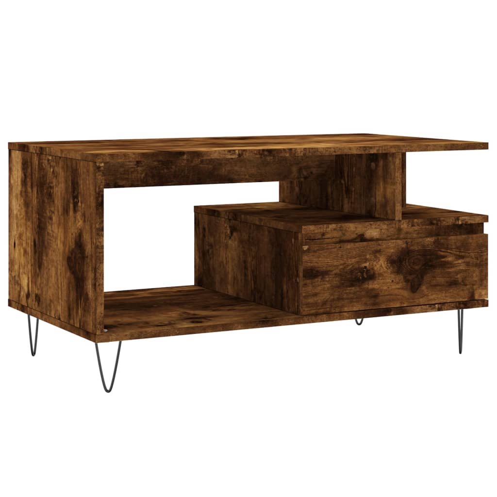 füstös tölgyszínű szerelt fa dohányzóasztal 90x49x45 cm (831025)
