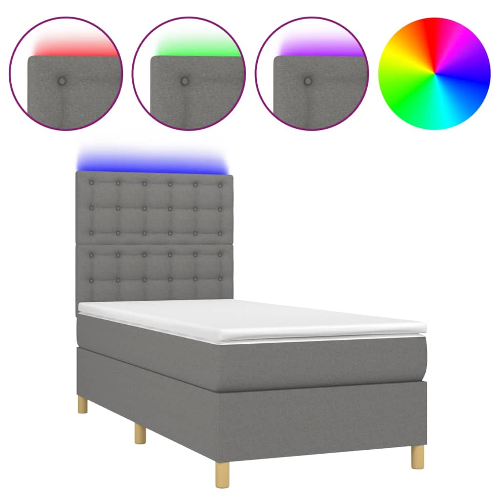 sötétszürke szövet rugós és LED-es ágy matraccal 90x190 cm (3135718)