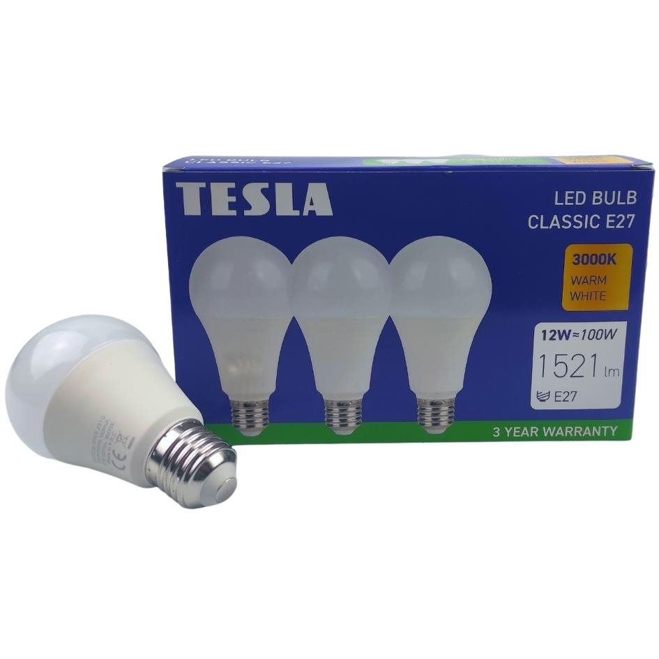 Tesla - LED izzó BULB E27, 12W, 230V, 1521lm, 25 000h, 3000K meleg fehér 220st, 3 csomagban (BL271230-3PACK)