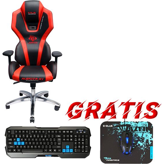 E-Blue Auroza EEC301P Gamer Szék LED Háttérvilágítással Piros-Fekete + Polygon Gaming Szett (EEC301P)