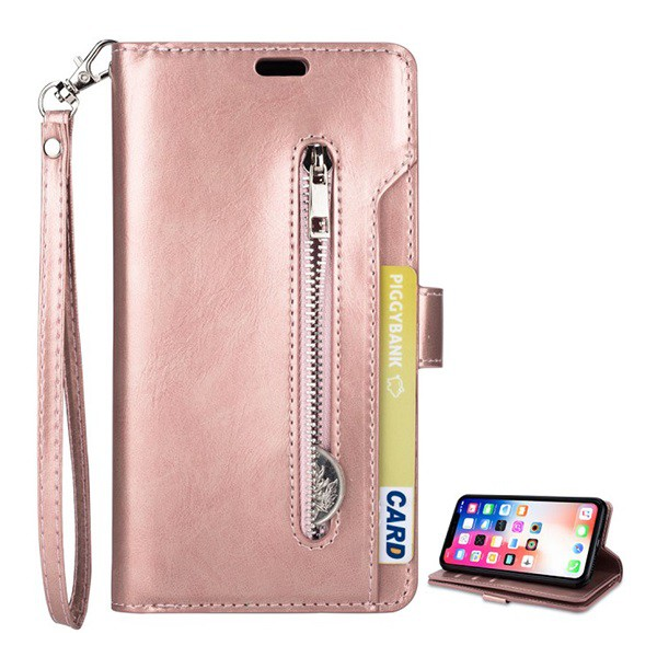 Tok álló, bőr hatású (FLIP, oldalra nyíló, asztali tartó funkció, cipzáras pénztárca, csuklópánt) ROZÉARANY [Apple iPhone XS Max 6.5] (5996457803927)