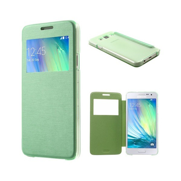 Tok álló, bőr hatású (FLIP, oldalra nyíló, S-View cover, szálcsiszolt mintázat) ZÖLD [Samsung Galaxy A3 (2015) SM-A300F] (5996457513734)