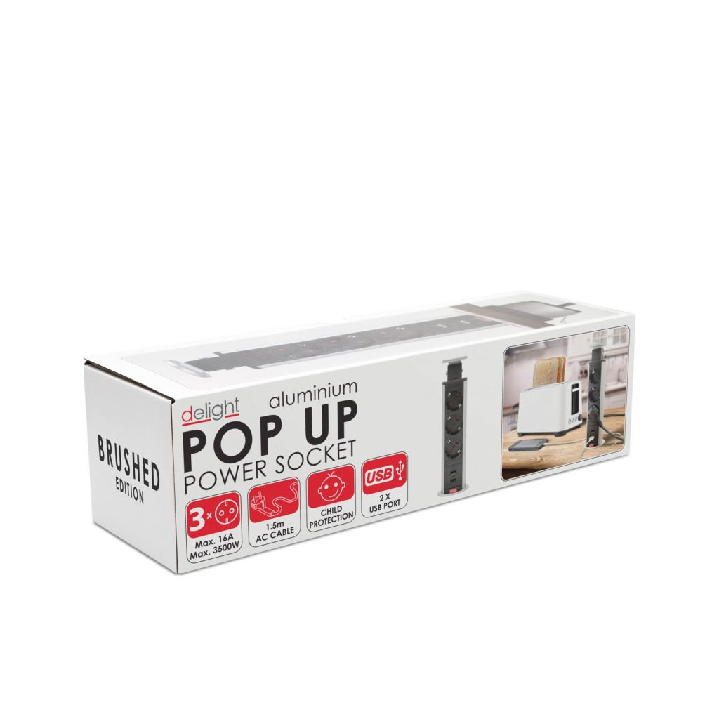 Delight rejtett hálózati elosztó 3 aljzat + 2 USB csatlakozó fém (20430BU) (20430BU)