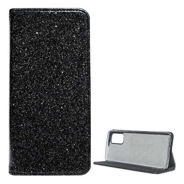 Tok álló, bőr hatású (FLIP, szilikon belső, oldalra nyíló, asztali tartó funkció, bankkártya tartó, csillogó) FEKETE [Samsung Galaxy S20 Plus 5G (SM-G986)] (5996457950362)