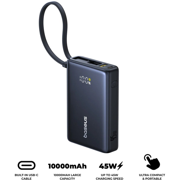 Baseus PicoGo gyorstöltő powerbank 10000 mAh, 45W, beépített USB Type-C kábel, fekete